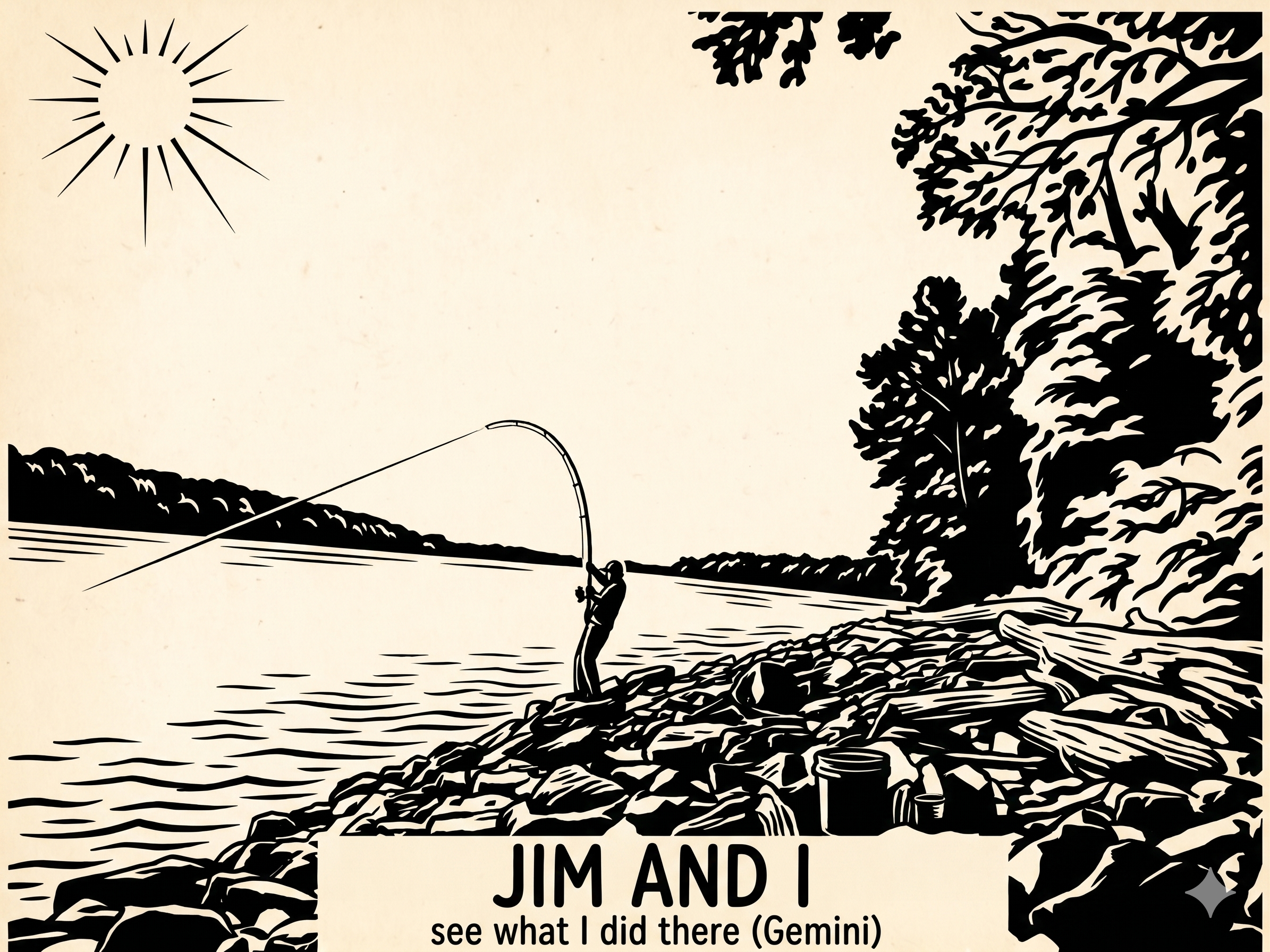 A figure on the rocks of a river bend, fly rod bent against the current.